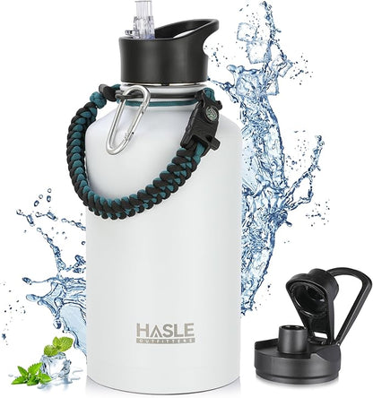 HASLE OUTFITTERS Half Gallon Insulated Water Bottles 64 oz, Stainless Steel Metal Water Jug with 2 Lids Keep Cold 48h/Hot 24h, Leak Proof & BPA-Free Water Flask Jug(White,1)