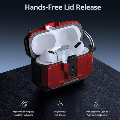 DASFOND Armor Earphone Cover Case for Airpods Pro 3, Military Grade Full Body Shockproof Protection Hard Case, Support Wireless Charging with Keychain, Magnetic Lid, Front LED Visible, Red