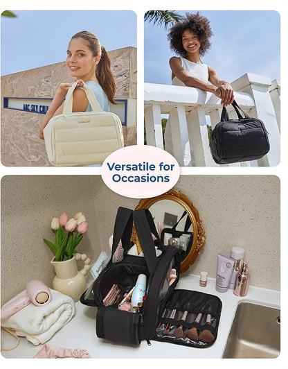 BAGSMART Travel Toiletry Bag, Lightweight Large Wide-open Travel Bag for Women, Puffy Cosmetic Makeup Bag Organizer with Handle for Accessories,Essentials, Toiletries, Black