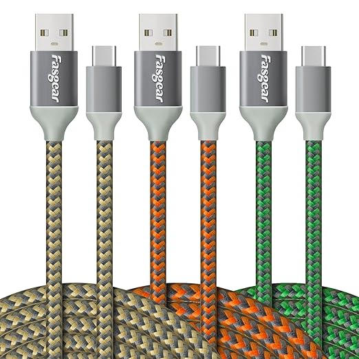 Fasgear 10ft Long USB C Cables 3 Pack, 3A Fast Charging USB A to Type-C Charger Cord Braided Compatible with Galaxy S24/S23/S22/S21 Plus Note 10 A70/LG G6/Moto G/PS 5 (Green/Gold/Orange)