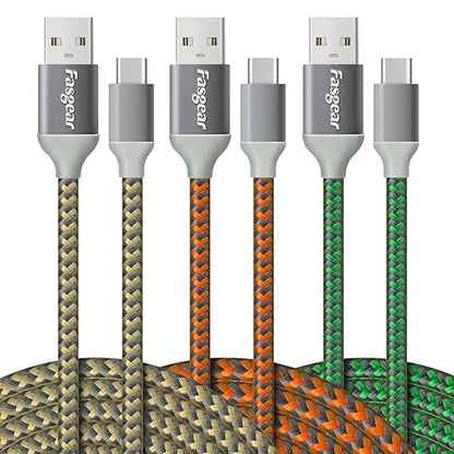 Fasgear 10ft Long USB C Cables 3 Pack, 3A Fast Charging USB A to Type-C Charger Cord Braided Compatible with Galaxy S24/S23/S22/S21 Plus Note 10 A70/LG G6/Moto G/PS 5 (Green/Gold/Orange)