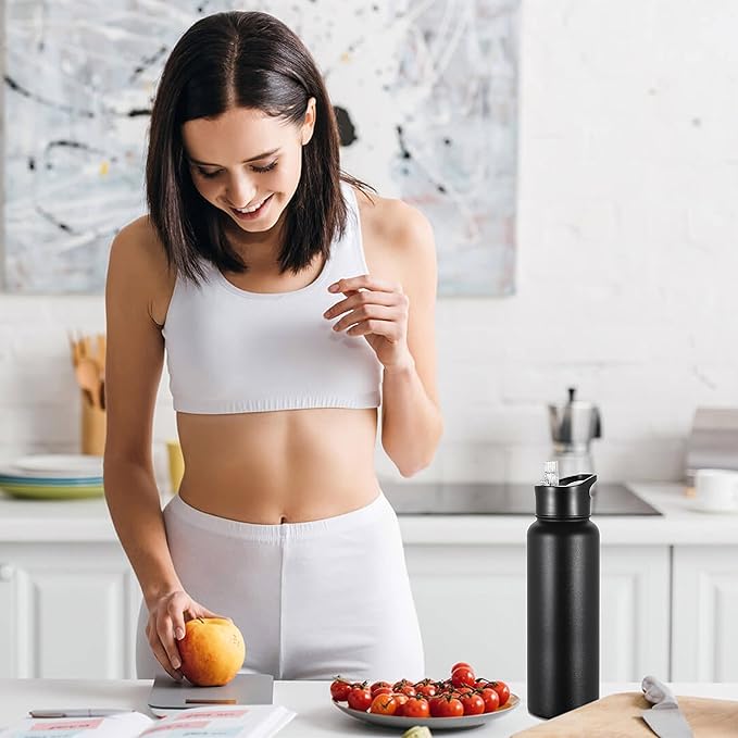 VEGOND 40 oz Insulated Water Bottle Stainless Steel Metal Water Bottles with Leak Proof Straw Lid & Spout Lid, Wide Mouth Double Walled Vacuum Travel Sports Bottle, Black