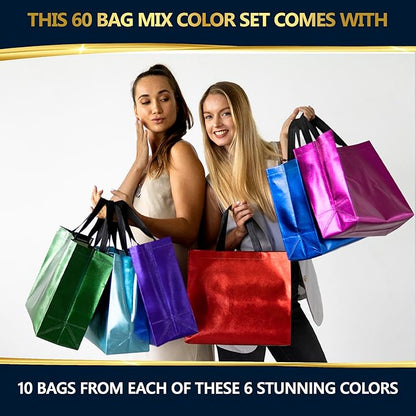Nush Nush Mix Color Bulk Gift Bags Large Size– Set of 60 Reusable Gift Bags With Handles with 6 Glossy Vibrant Colors - Perfect Large Goodie Bag for Small Business, Christmas, Events – 13x5x11