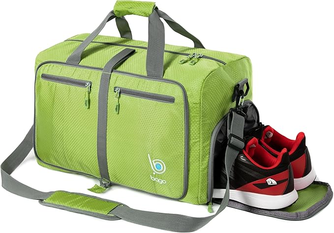 Bago Foldable Duffel Bags for Traveling Women & Men - 60L Medium Packable Duffle Bag for Travel with Shoe Compartment - Water Repellant, Heavy Duty, Lightweight Folding & Collapsible (Green)