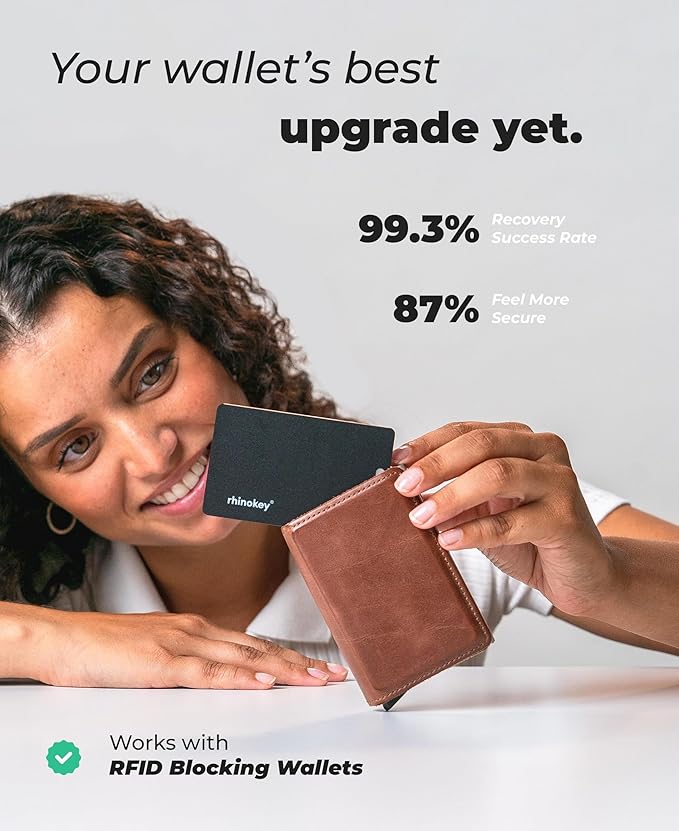 Rhinokey® Wallet Tracker Card (iOS Only) - Slim Rechargeable 1.8mm Thin Tracker, Airtag Wallet IP68 Waterproof, Apple Find My Luggage Tags, Item Finder with Key Chain Hole