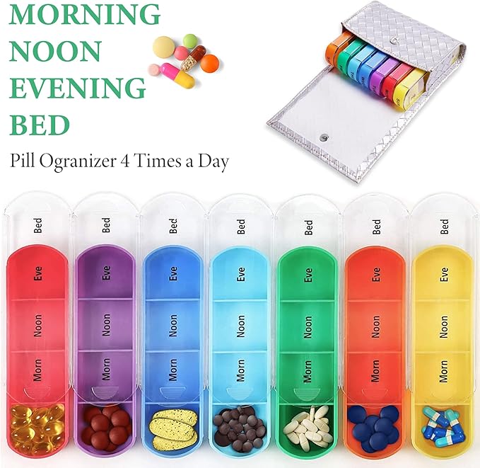 Pill Organizer,LIZIMANDU Weekly Travel Pill Case Box Medication Reminder Daily AM PM, Day Night 7 Compartments,for 4 Times A Day, 7 Days a Week-Includes Leather PU Carrying Case(1-Weave Silver)