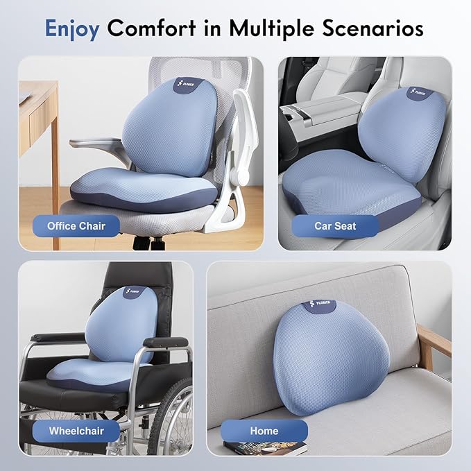 FLORICH Seat Cushion and Lumbar Support Pillow for Office Chair Car, Ergonomic Memory Foam Back Support for Office Gaming Chair Driving Seat Wheelchair, Relieves Neck, Back & Sciatica Pain – Blue
