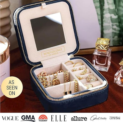 Benevolence LA Plush Velvet Jewelry Box | Travel Jewelry Case Organizer with Mirror | Featured in Oprah's Favorite Things | Best Gifts For Daughter, Girlfriend, Mom | Gifts For Her - Navy Blue