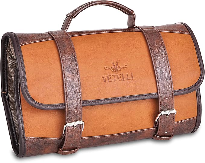 Vetelli Leather Toiletry Bag for Men - Water Resistant, 2 Zippered Internal Pockets, 2 Snap-Fastened Internal Pockets, and Hanging Hook.