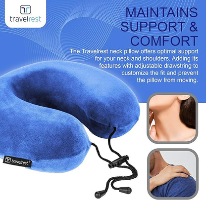 TRAVELREST Travel Essential Neck Pillow Curl - Memory Foam, Washable Micro-Fiber Cover, Soft and Comfortable Head Support for Long Flights, Compact, Attaches to Luggage, Airplanes, Cars, Bus - Blue