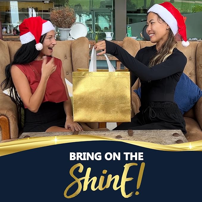 Nush Nush Shiny Large Gold Gift Bags Bulk - Set of 60 Gold Reusable Gift Bags with Handles- Ideal For Small Business, Christmas Gifts, Thanksgiving, Birthday Party Favor, Corporate Gifts - 13Wx5Dx11H