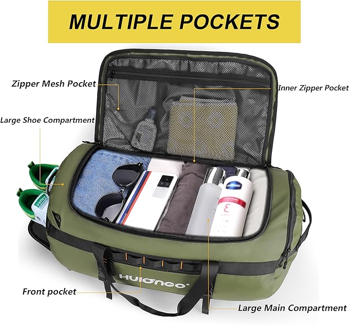 40L/60L/90L Large Waterproof Duffle Bag Backpack for Men, Mens Duffel Backpack Bags for Traveling, Heavy Duty (Green, 60L)