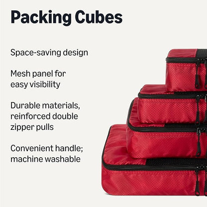 Amazon Essentials 4-Piece Packing Cubes Travel Accessories Set, Luggage Organizer with Double Zipper, Mesh Top, 100% Polyester, Small/Medium/Large/Slim, Red (Previously Amazon Basics)
