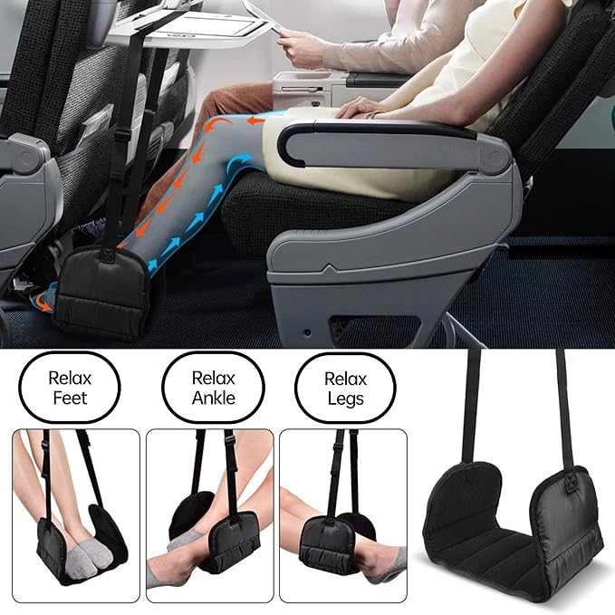 Portable Ultimate Comfort Set For Plane Sleep Kit At Plane,2 Inflatable Travel Pillows,Foot Rest Hammock,Eye Mask Ear Plugs For Airplane Flight Essentials For Seat Airplane Gadgets for Sleep Comfort