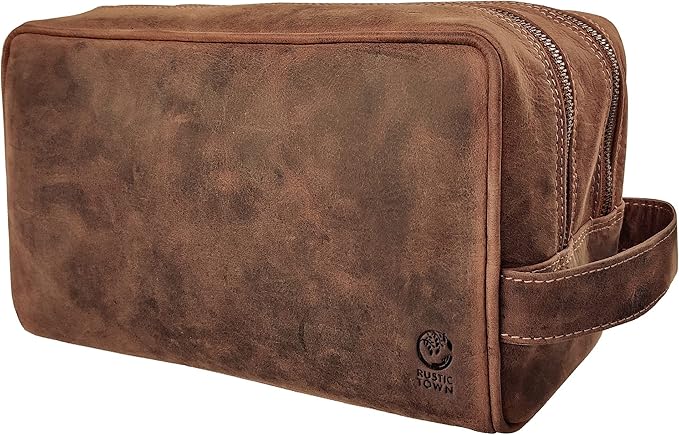RUSTIC TOWN Full Grain Leather Travel Toiletry Bag - Cosmetic Makeup Kit Organizer (Brown)