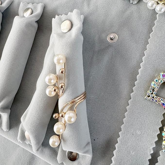 UnionPlus Velvet Travel Jewelry Roll Bag Organizer for Necklaces Bracelets Earrings Rings, Black and Grey