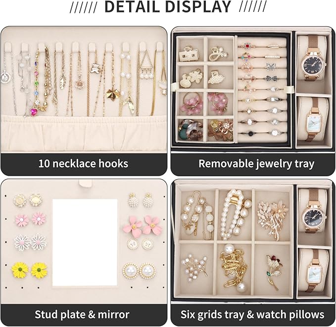 DesignSter Jewelry Organizer Box, Large Capacity 3 Layers, Travel Jewelry Case, Mirror, for Necklaces Earrings Rings Bracelets Watches (Black)