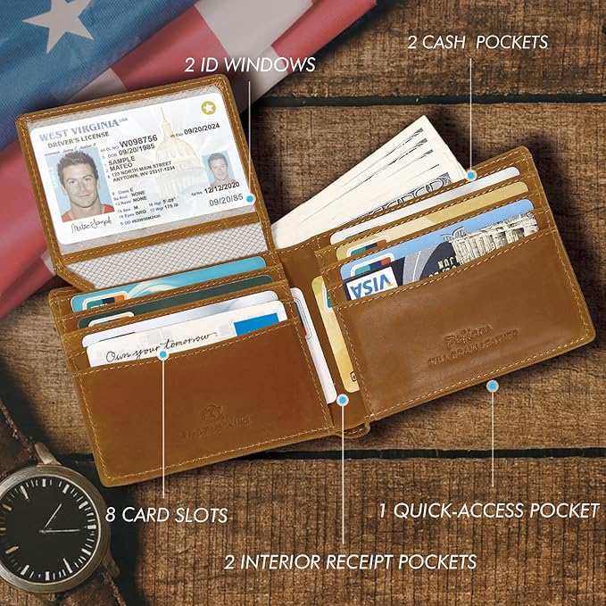 Full Grain Leather Wallet for Men, RFID Blocking, Mens Wallet Bifold with 2 ID Windows, Billfold with 13 Card Slots, Leather Gift for Men, American Flag Wallet Brown