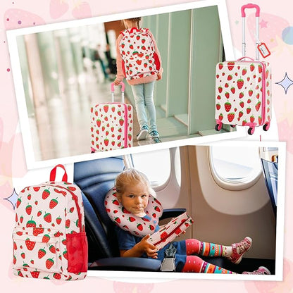 Redbaker 6 Pcs Kids Luggage Set 17 Inch Kids Rolling Luggage Double Pattern Suitcase for Girls Boys School Gift (Blush Pink,17 Inch,Strawberry Style)