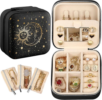 Bistup Travel Jewelry Case - Small Jewelry Organizers and Storage Box for Women Girls Teens Cute Traveling Jewelry Holder with Mirror Little Tiny Compact Modern Unique Aesthetic Pretty, Sun and Moon