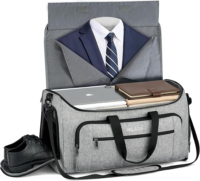 MILADA Convertible 2-in-1 Garment Duffel Weekender Bag Carry On Garment Bags for Travel Hanging Clothes Suit Bag Foldable Personal Item Business Overnight Bag with Shoe Compartment, Light Grey