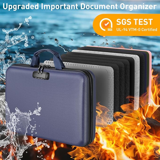 Fireproof Document Organizer with Lock, 2000℉ File Organizer Safe Box Fireproof Waterproof, Hard Shell Fire Proof Document Bag with 13 Pocket Accordion File Folders, Home Storage Office Organization