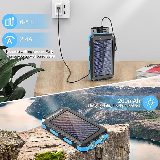 YELOMIN Solar Charger, 20000mAh Portable Type-C Solar Power Bank with 4 Cables, Waterproof Battery Pack, Outdoor External Backup Power Charger Six Outputs/LED Flashlights, Perfect for Camping Travel