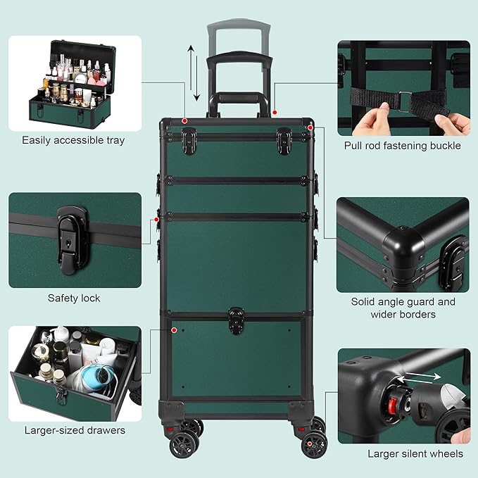 Makeup Train Case with Drawer, Rolling Makeup Case, Cosmetology Case on Wheels, Gift, Travel Makeup Organizers, Profesional Cosmetic Case for Salon Barber,Nail,Tattoo,Green