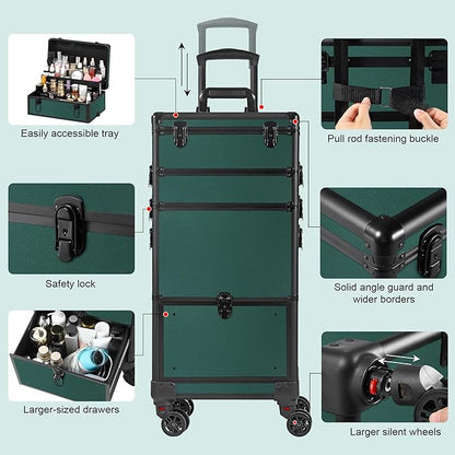 Makeup Train Case with LED Mirror, Rolling Makeup Case with Drawers, Cosmetology Case on Wheels, Gift, Travel Makeup Organizers, Profesional Cosmetic Case for Salon Barber,Nail,Tattoo,Green