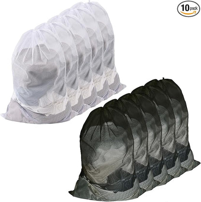10-Pack Mesh Laundry Bags, 24 × 36 Inch Heavy-Duty Drawstring Mesh Bag Set (5 Black & 5 White) – Large Wash Bags for College, Dorm, Travel, Family & Apartment Use