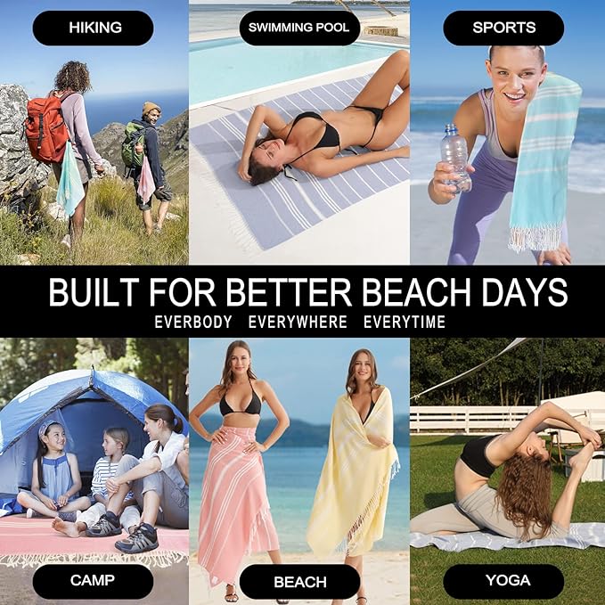 Antfuny 2 Packs Turkish Beach Towels Quick Dry Sand Free Soft Absorbent Extra Large XL Big Blanket Adult Oversized Bath Pool Swim Towel Lightweight Thin Fast Drying Sandless Compact No Sand Packabl