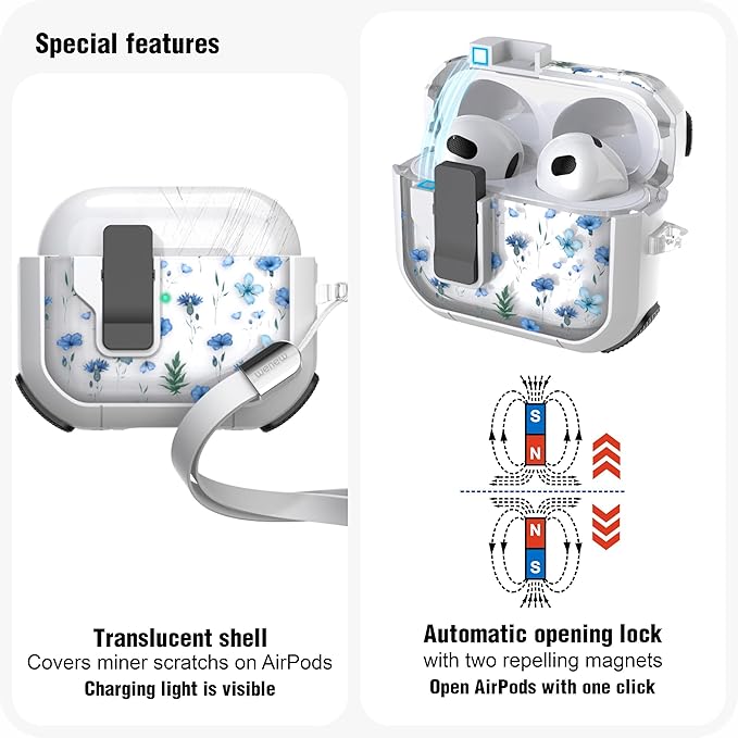 WENEW Case for AirPods 3 Case Cover Secure Lock Automatic Snap Switch Clip Cleaner Kit Lanyard Women Stylish Flower Armour Hard Shell Full Body Front LED Visible (Blue Flower, AirPods 3rd)