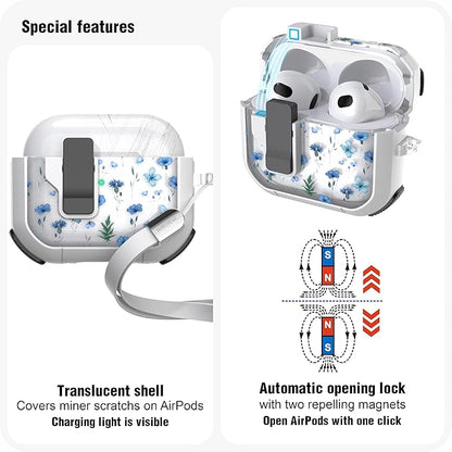 WENEW Case for AirPods 3 Case Cover Secure Lock Automatic Snap Switch Clip Cleaner Kit Lanyard Women Stylish Flower Armour Hard Shell Full Body Front LED Visible (Blue Flower, AirPods 3rd)