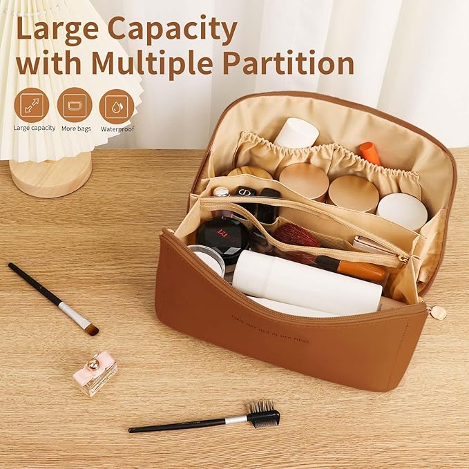 Travel Makeup Bag, Large Capacity Cosmetic Organizer Bags for Women, Waterproof PU Leather Toiletry Bags, Wide Open Flat Makeup Case with Divider and Handle