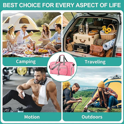 Dimayar 65L Travel Duffle Bag for Men Women - Foldable Duffel Bag with Shoes Compartment - Overnight Bags Waterproof & Tear Resistant(Pink)