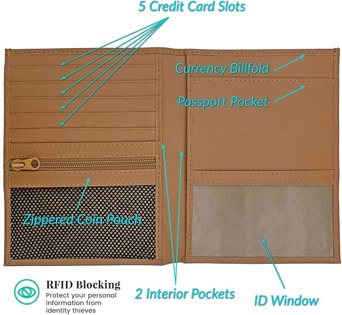 Light Brown RFID Genuine Leather Passport Wallet