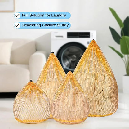 4Pcs Mesh Laundry Bags Washing Machine Mesh Wash Bags for Clothes,Underwear,Lingerie, Bed Linen with Drawstring Closure Sturdy(4 Size, Yellow)