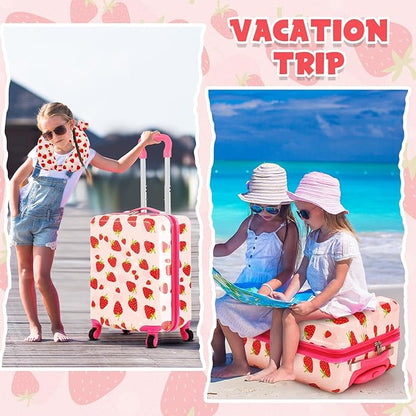 Sanwuta 4 Pcs Kids Luggage Set Backpack Travel Rolling Suitcase U-shape Pillow Christmas Children Gift for Girls Boys(17 Inch,Strawberry Style,Light Pink)