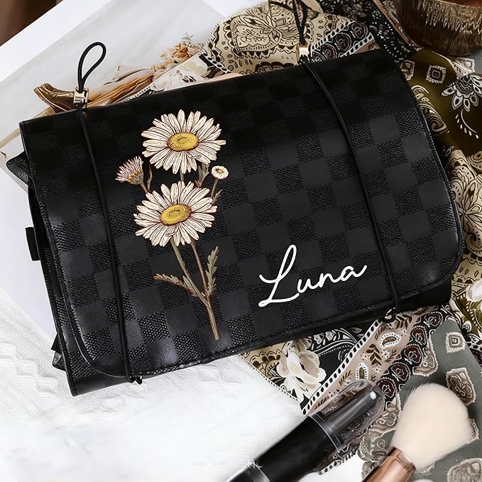 callie Personalized Makeup Bag - Custom Name & Birth Flower, Leather Cosmetic Organizer Make Up Bag, Birthday Christmas Travel Gifts for Women