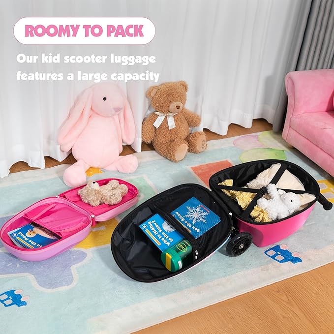 VLIVE Kids Scooter Luggage with Backpack 2-in-1 Set, 30L Ride-On Suitcase + 10L Backpack, Durable EVA Material, Lightweight Foldable, Wheels for Girls Aged 4-8, Unicorn Design