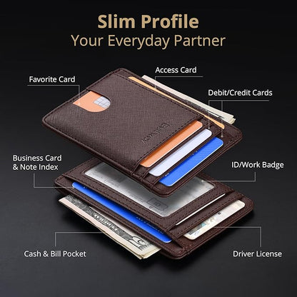 Buffway Slim Minimalist Front Pocket RFID Blocking Leather Wallets for Men and Women - Cross Coffee