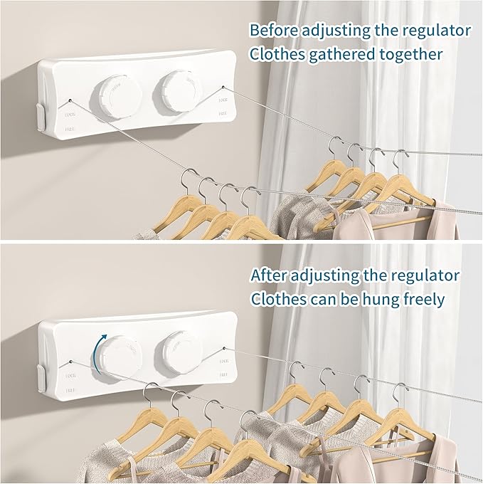 JOOM Retractable Clothesline Heavy Duty Clothes Drying Laundry Line Wall Mounted Easy Hanging Clothes Drying Laundry Line Retracting Hanging Lock to Prevent Sagging (Two line,White)