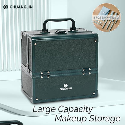 Makeup Train Case 2 Trays Makeup Box Organizer Portable Travel Makeup Case Lockable Makeup Storage Organizer Cosmetic Box for Jewelry Nail Tech Brushes Accessories Tool,Green Pro