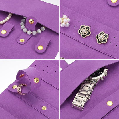 uxcell Travel Jewelry Bag Roll, Foldable Jewelry Travel Organizer with Tie Close Microfiber Jewelry Storage Roll Jewelry Case for Women Gift Necklaces Earrings Rings Bracelets, Purple
