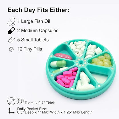 Travel RX Pill Case by Type Two Labs – Weekly 7 Day Pill Box, Compact Magnetic Organizer for Pills fits Purses or Pockets, Rugged Daily Caddy Holds Vitamins, Supplements and Medication. (Vibrant Teal)