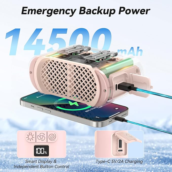 AMACOOL 14500mAh Portable Waist Fan, Strong Wind Power for Full Body Cooling Shirt Fan, 5 Speed Wearable Belt Clip on Fans, Battery Operated Personal Neck Fans for Outdoor Work Camping Travel