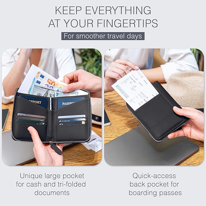 Full Grain Leather Passport Holder for 2 Passports - Dual Passport Holder and Travel Documents Organizer - RFID Travel Wallet for Couples - Black