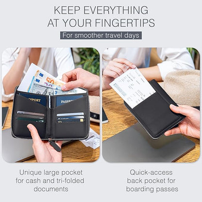 Full Grain Leather Passport Holder for 2 Passports - Dual Passport Holder and Travel Documents Organizer - RFID Travel Wallet for Couples - Black