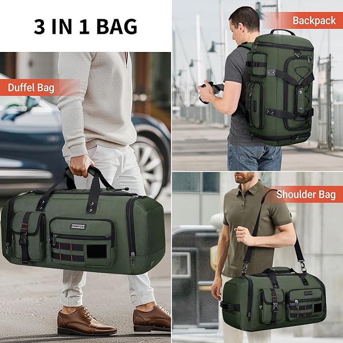 WITZMAN Travel Duffel Bags for Men Large Carry On Weekender Overnight Bag 3 in 1 Backpack with Shoe Compartment (B693 Army Green）