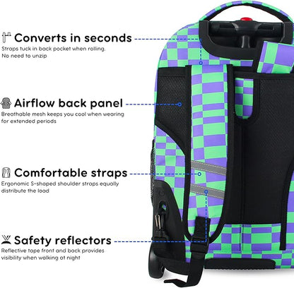 J World Sundance Laptop Rolling Backpack for Girls Boys. Roller Bookbag with Wheels, Pixel Checkers